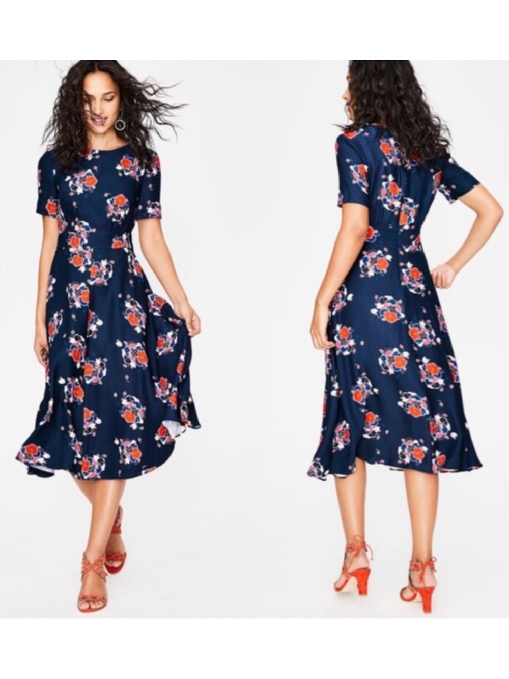 Boden Ruth 6L midi dress red white bloom floral flowy A-line silhouette cottage